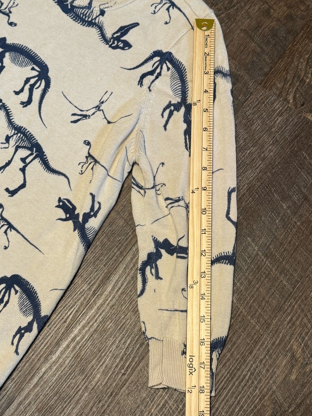 Lrg ModCloth 3/4 Sleeve Cream & Grey/Bluish Dinosaur Sweater - Picture 8 of 10
